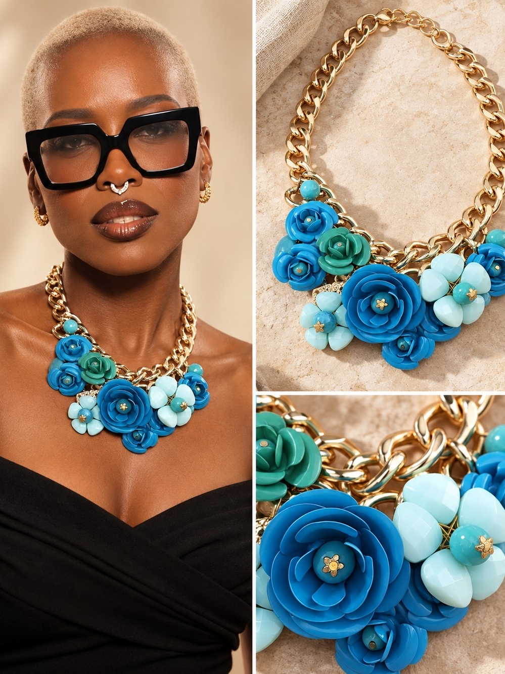 Gold Chain Statement Necklace with Blue & Teal Floral Accents